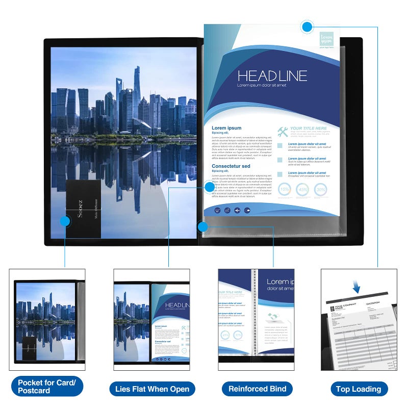 سويز مجلد Sooez ذو 30 جيبًا مع أكمام بلاستيكية 9 × 12 بوصة (أسود)، حافظة أعمال فنية متينة مع واقيات شفافة للأوراق، عرض 60 صفحة، كتاب عرض للأعمال الفنية، مجلد منظم للمستندات - Image 5